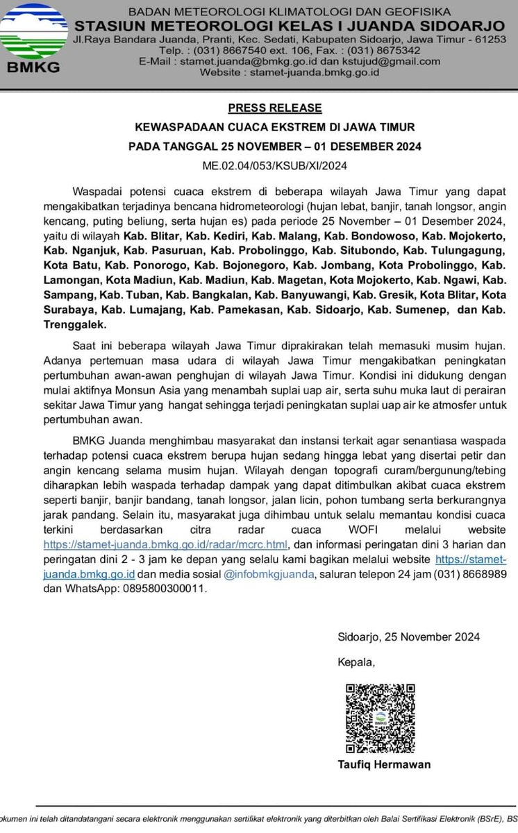 Press release kewaspadaan cuaca ekstrem wilayah Jawa Timur periode 25 November s/d 01 Desember 2024.
Oncall Siaga Bencana Alam Kabupaten Lumajang 081234570077 (24 Jam GRATIS).