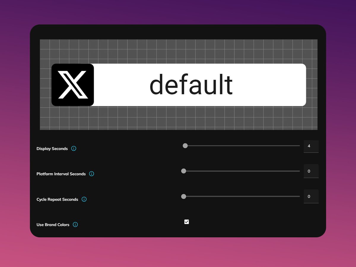 HexeumGFX's tweet photo. ✨Small update for the social media overlay ✨

There's a new "Display Seconds" setting which controls how long each platform is displayed for. https://t.co/JO6cectRPV