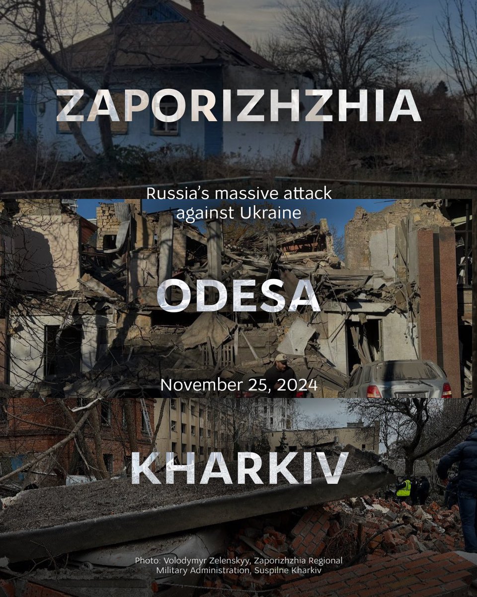 On November 25, Russia carried out terror attacks against several regions of Ukraine.

Specifically, Russian forces launched missile strikes on #Kharkiv and #Odesa, as well as dozens of drones against #Zaporizhzhia. 

At least 30 people were injured.