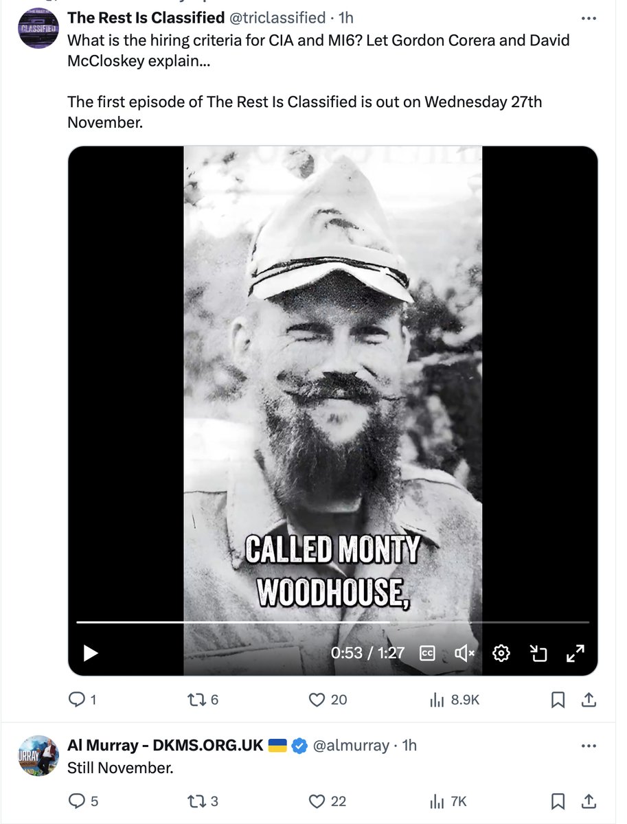 Twitter Timeline Juxtaposition of the Day - Goalhanger podcasts edition. Their new podcast trailer isn't fooling anyone with that ridiculous hat-and-facial hair disguise for <a href="/almurray/">Al Murray 🇺🇦</a> who makes the rookie error of posting immediately before his stablemates in my feed