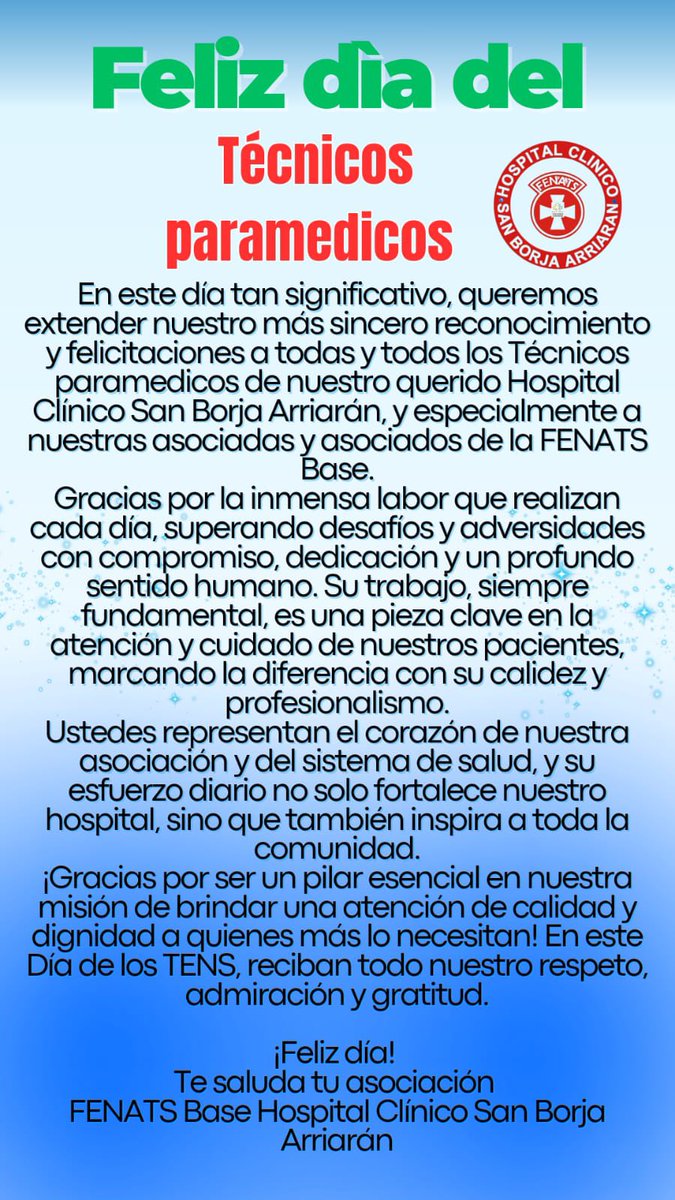FenatsSan's tweet photo. Hoy saludamos a nuestr@s compañer@s tecnicos paramedicos en su dia, esperando que seamos valorados y reconocidos por las autoridades del pais. @MinsalChile @DipresChile @ximenaguilera https://t.co/Fu4MUqinm4