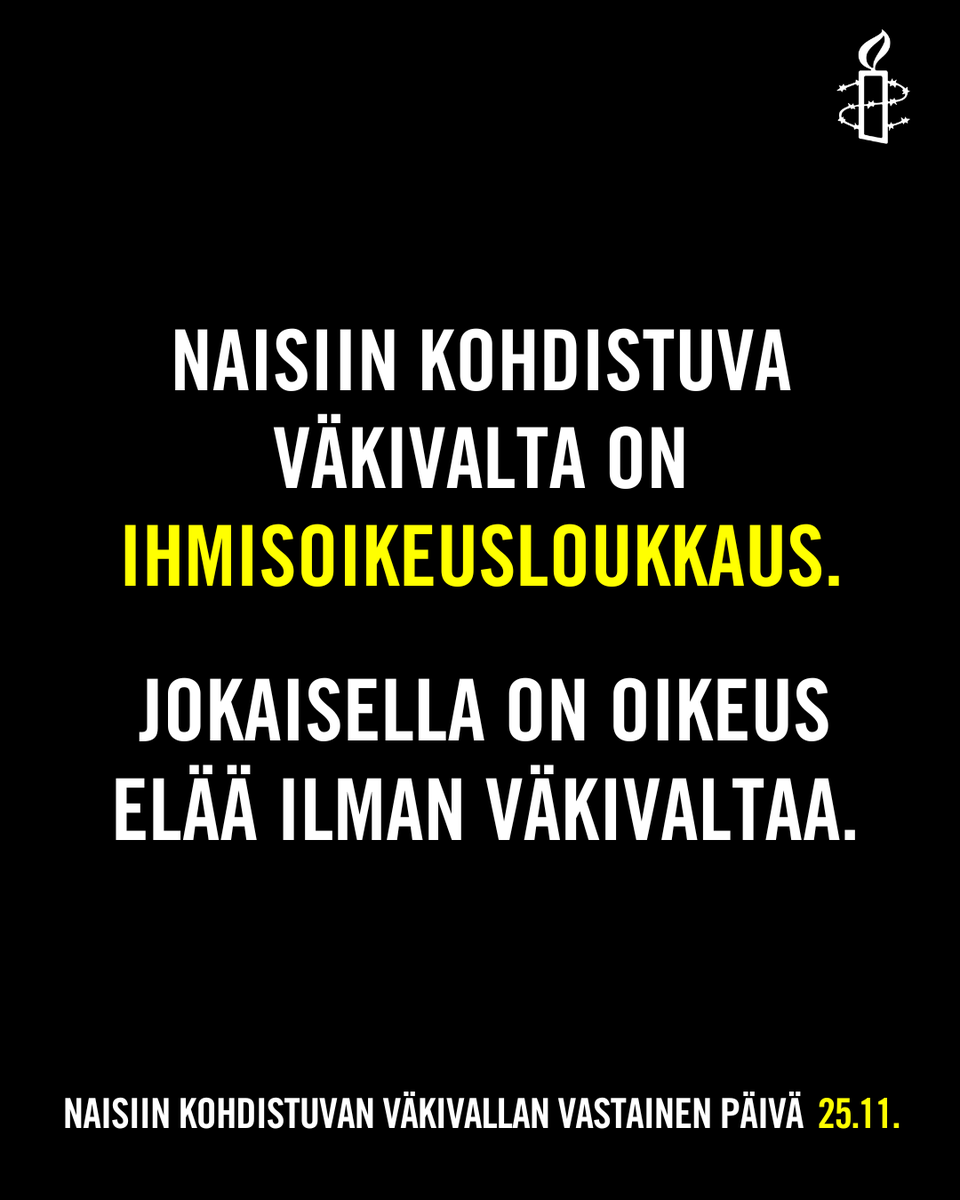 Tänään 25.11. on naisiin kohdistuvan väkivallan vastainen päivä. Töitä riittää.

Tutkimusten mukaan Suomessa:

• 1/3 naisista on kokenut väkivaltaa parisuhteessaan.
• 9/10 naisista on kokenut seksuaalista häirintää elämänsä aikana.

Seuraa 🧵

1/7

#ihmisoikeudet