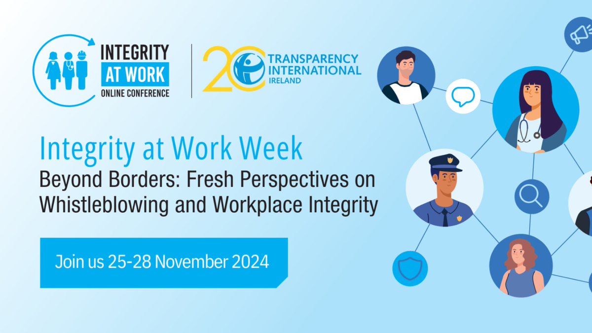 Transparency International (@anticorruption) on Twitter photo From 25 – 28 Nov, <a href="/Transparency_ie/">Transparency International Ireland</a> will host the Integrity at Work Week Online Conference, a series of online webinars addressing critical issues in workplace ethics, whistleblowing, & compliance.
➡️ Agenda and speakers here: anticorru.pt/377 From 25 – 28 Nov, <a href="/Transparency_ie/">Transparency International Ireland</a> will host the Integrity at Work Week Online Conference, a series of online webinars addressing critical issues in workplace ethics, whistleblowing, & compliance.
➡️ Agenda and speakers here: anticorru.pt/377