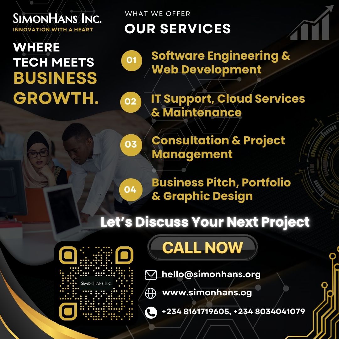 SimonHansInc's tweet image. Where Tech Meets Business Growth! 🚀 At SimonHans Inc., we deliver innovative solutions with a heart—web platforms, IT support, graphic design, and more. Let’s take your business to the next level! 💼🌐 

Visit: simonhans.org #InnovationWithAHeart