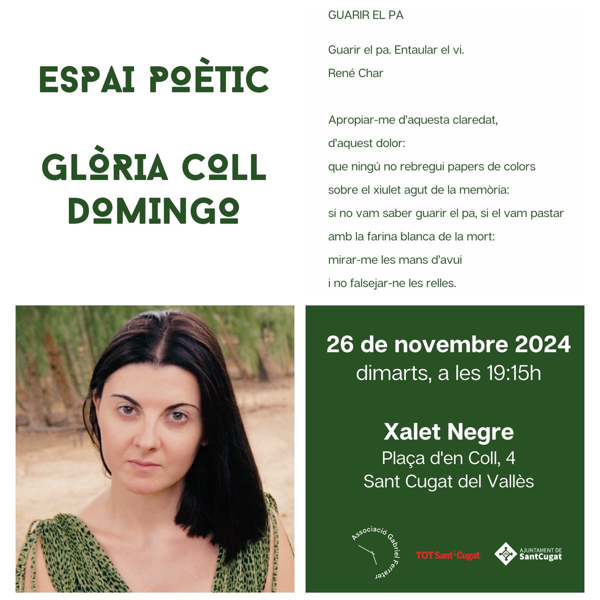 Dimarts 26, 19.15 h, recital de <a href="/GCollDomingo/">Glòria Coll Domingo</a> 
A TRAVÉS al Xalet Negre de Sant Cugat
organitza <a href="/FerraterGabriel/">Associació Gabriel Ferrater - Sant Cugat</a> 

<a href="/culturastc/">Cultura Sant Cugat</a> <a href="/ajsantcugat/">Aj. Sant Cugat</a> <a href="/FNPoesiacat/">Festival Nacional de Poesia</a>
@bibliotequesstc <a href="/lletres/">Lletres catalanes</a>