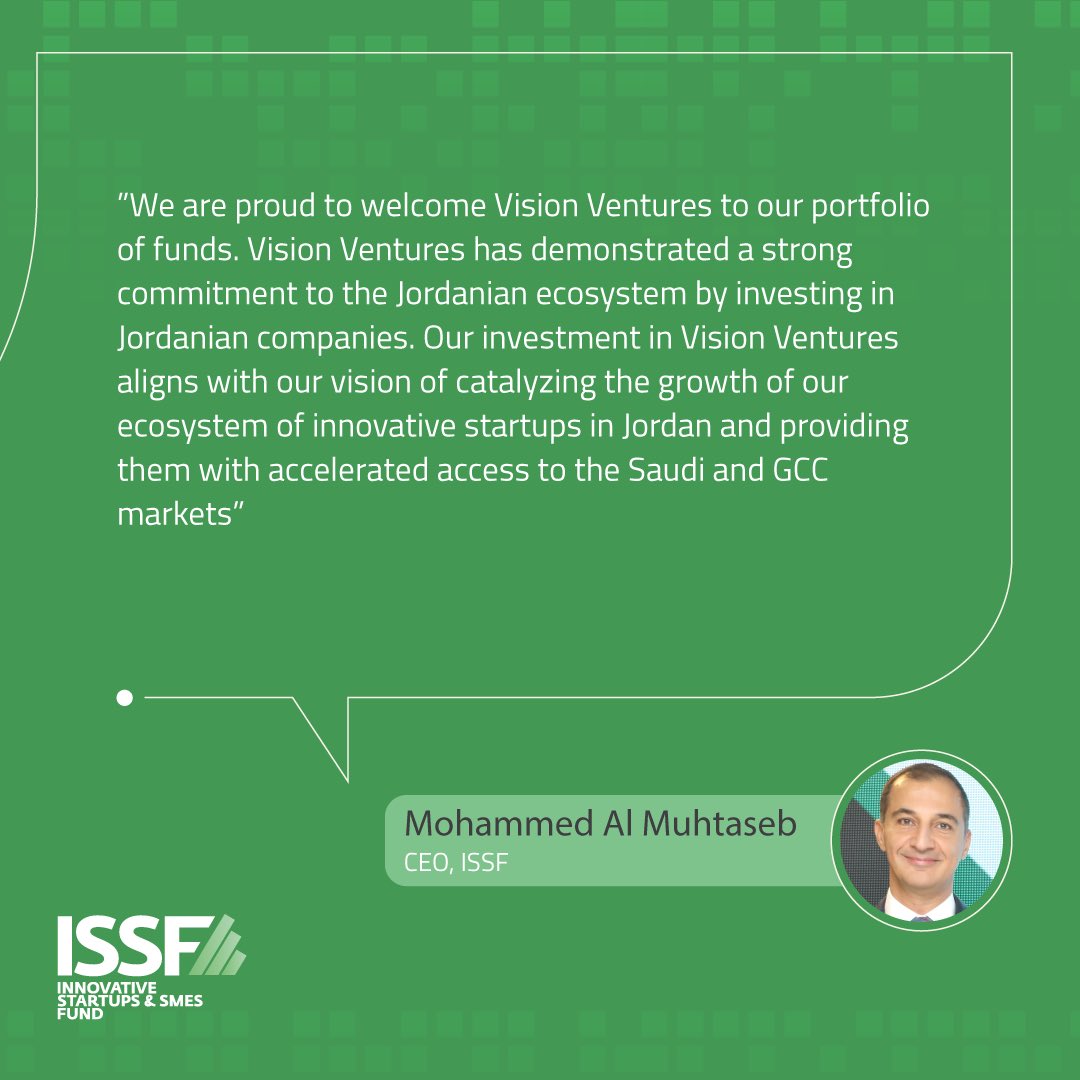 issfjo's tweet photo. We are proud to announce our $5M #investment in Saqr Fund II, a #VC fund managed by @VisionVCco

This investment goes in line with the ISSF's goals to support Jordanian #startups and  ecosystem by providing vital equity capital and accelerated access to the Saudi and GCC markets. https://t.co/YJMOHJZgtF