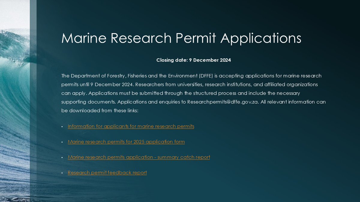 SANCORcommunity's tweet image. ✨Attention Marine Researchers!

The @environmentza is accepting applications for #marine #research #permits until 9 Dec 2024. 

All details &amp;amp; application process here: sancor.nrf.ac.za/Documents/9Dec…