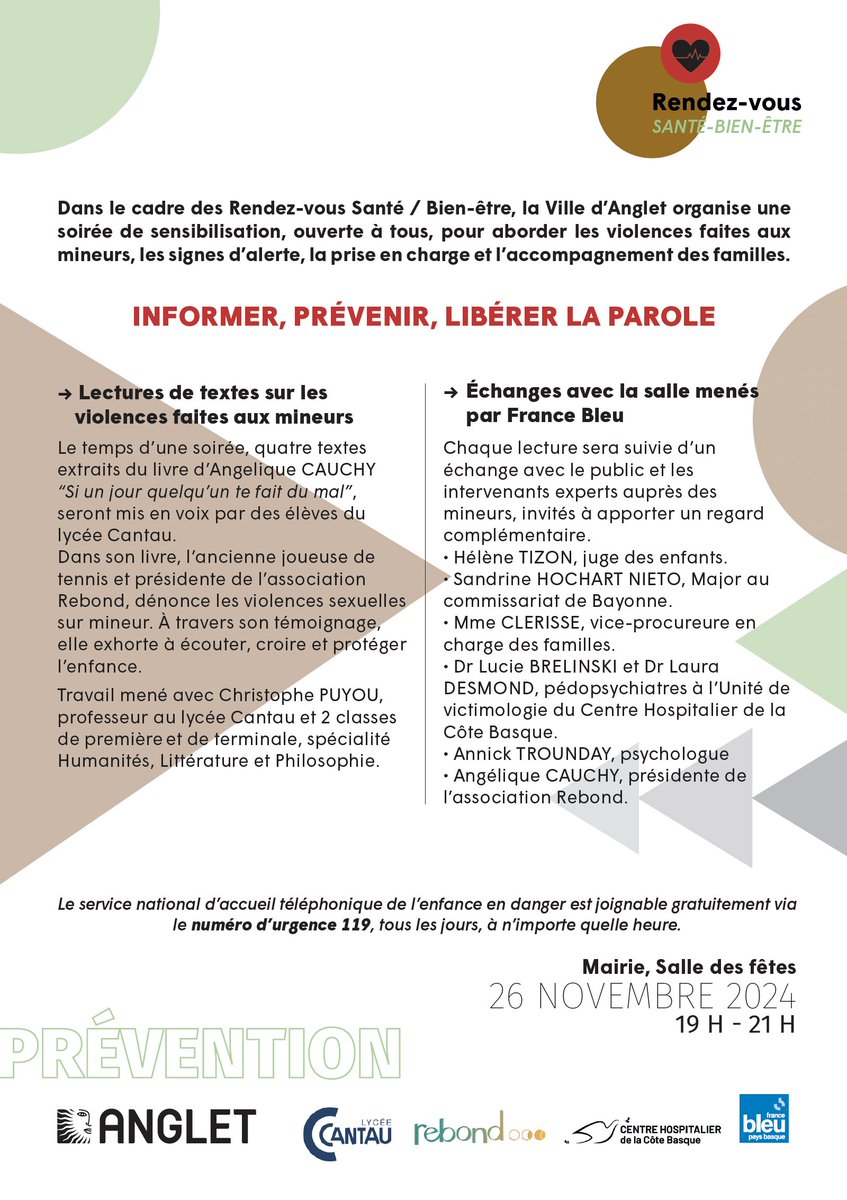🙌Prévention Violences faites aux mineurs
👉Soirée lectures textes-échanges
⏰26/11 de 19h-21h #Anglet
🤝Informer, prévenir, libérer la parole
➡️Avec Angélique Cauchy “Si un jour quelqu’un te fait du mal”, des élèves Lycée Cantau, des experts
tinyurl.com/23bnztch
#VilleAnglet