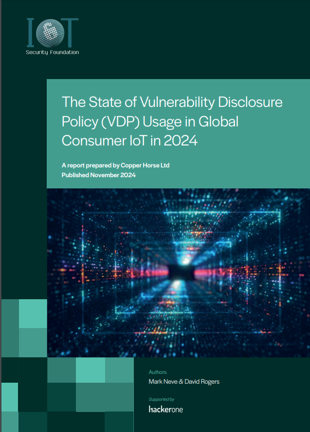 IoT_SF's tweet photo. IoTSF is excited to release our annual report on the State of Vulnerability Disclosure in Consumer IoT, presented on behalf of @copperhorseuk .
𝗙𝘂𝗹𝗹 𝗿𝗲𝗽𝗼𝗿𝘁 𝗮𝘃𝗮𝗶𝗹𝗮𝗯𝗹𝗲 𝗵𝗲𝗿𝗲:
https://t.co/97JdwBBp0f
#iot #security #cra #psti https://t.co/su5biqrbck