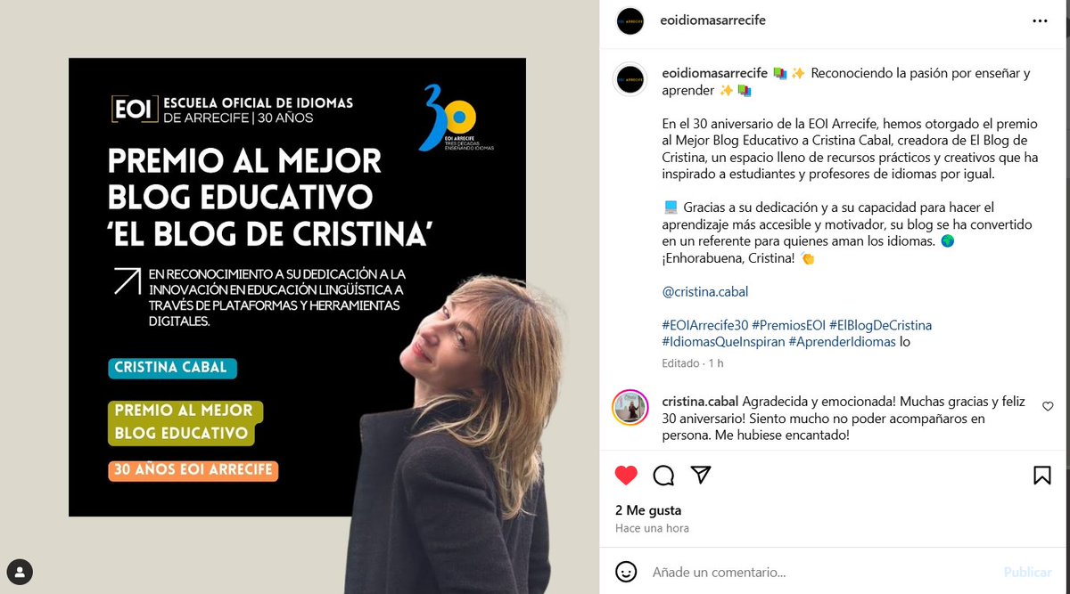 On Cloud 9 es poco! Feliz y agradecida por este premio a tantos años de compartir mis experiencias en el aula. Dedicado a mis alumnos que son mi fuente de inspiración cada día! @EOIIdiomasArrecife