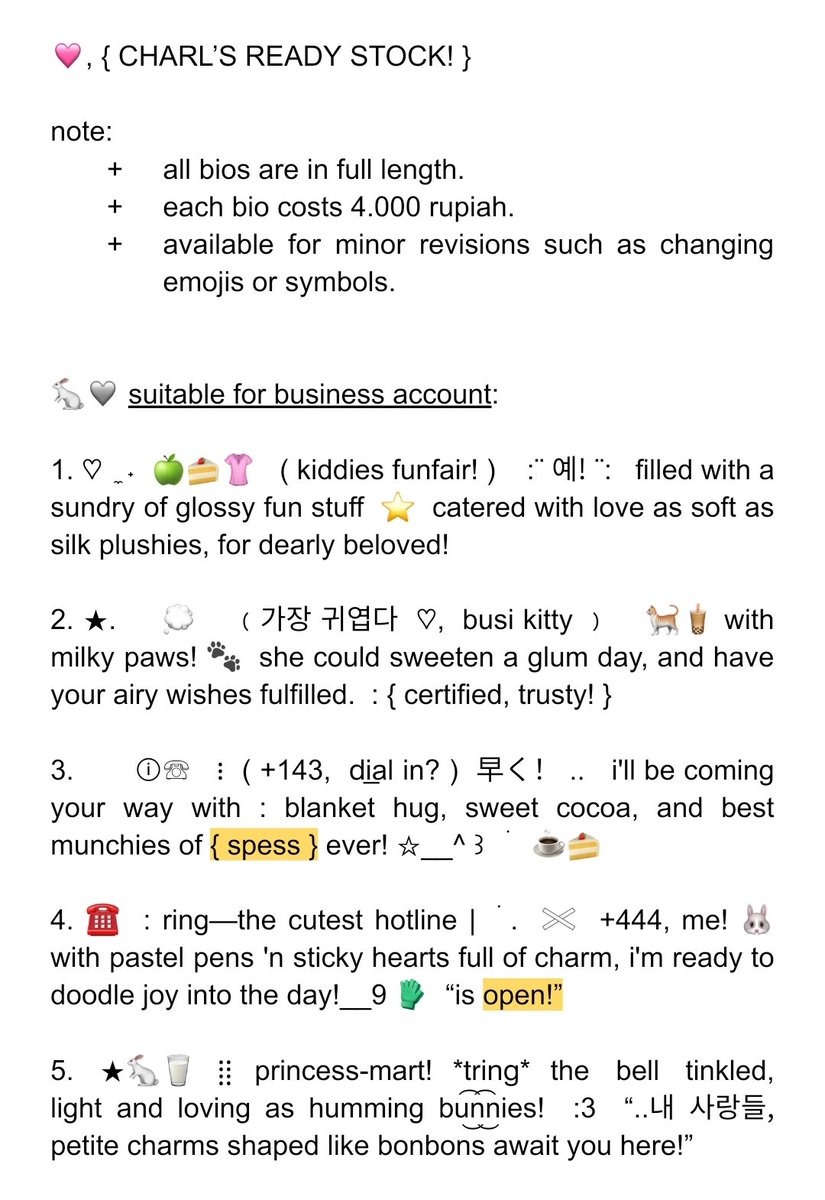 ☆  help repost?  thank u so much!

hello! ♡ charlotte punya 10 ready stock bio wording seharga 4.000 per bio, ya! 🍏⭐🥢 details ada di gambar, kalau berminat bisa langsung DM aku atau ke ( t.me/fairybIush ) untuk respon lebih cepat! >__9

#zonauang #zonaba