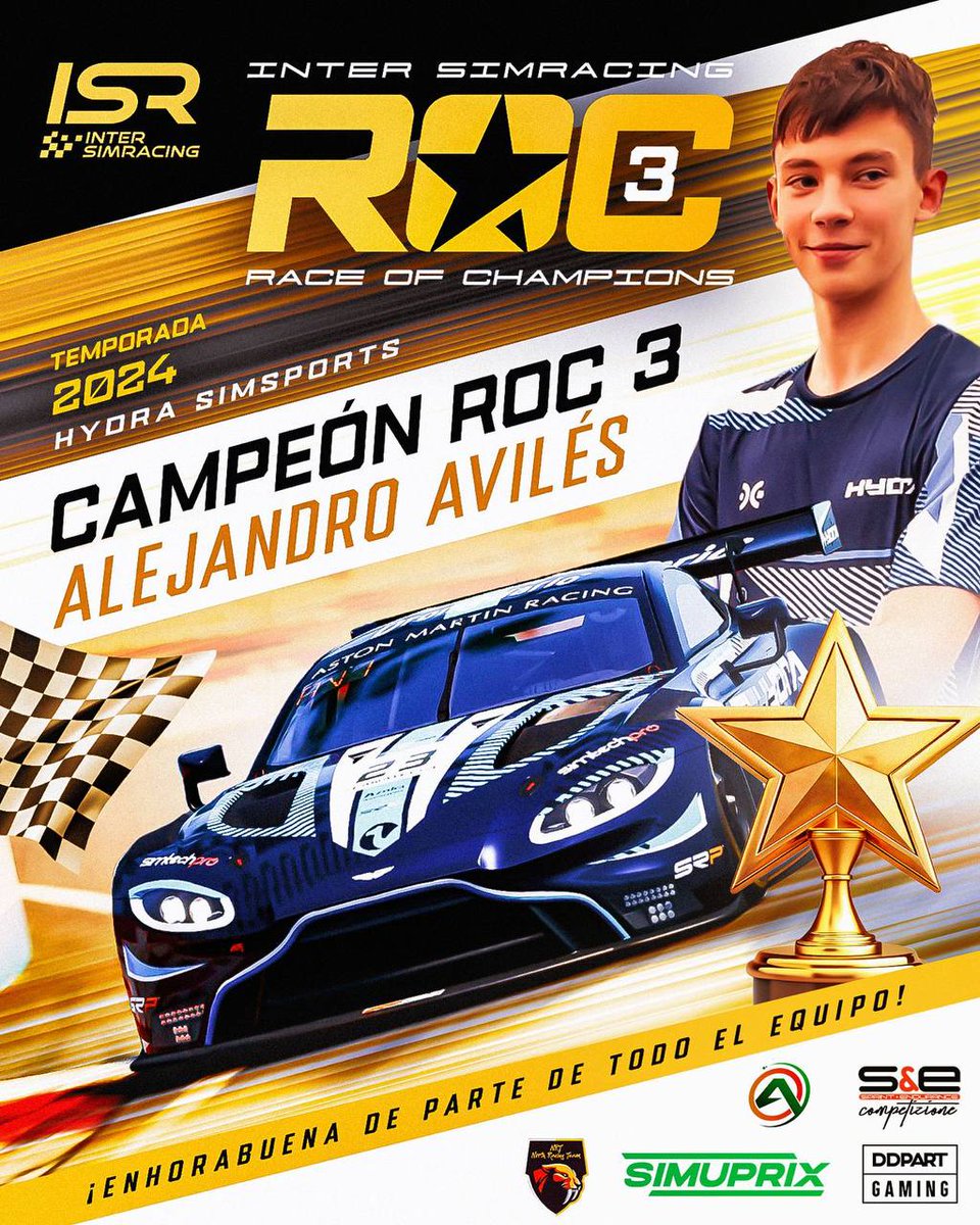 Desde <a href="/inter_simracing/">ISR</a> queremos dar la enhorabuena al Campeon del Roc 2024.
Alejandro Avilés. 👏👏👏👏👏
Que tío!!

Y dar las gracias a todos los participantes.

Esta semana, sorteo de los premios de nuestros patrocinadores
<a href="/NoWheelsSim/">NoWheelsSim Cockpits</a> y cafedromedario.com
Más en 2025.