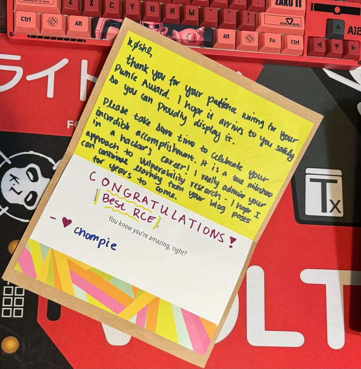 k0shl (@keyz3r0) on Twitter photo Finally received my PwnieAwards <a href="/PwnieAwards/">Pwnie Awards</a> and a cute letter from <a href="/chompie1337/">chompie</a> , thank you and <a href="/FuzzySec/">b33f | 🇺🇦✊</a> for congratulations and international delivery, it's definitely a milestone in my hacker's career. Just stay hungry and keep hunting! Finally received my PwnieAwards <a href="/PwnieAwards/">Pwnie Awards</a> and a cute letter from <a href="/chompie1337/">chompie</a> , thank you and <a href="/FuzzySec/">b33f | 🇺🇦✊</a> for congratulations and international delivery, it's definitely a milestone in my hacker's career. Just stay hungry and keep hunting!