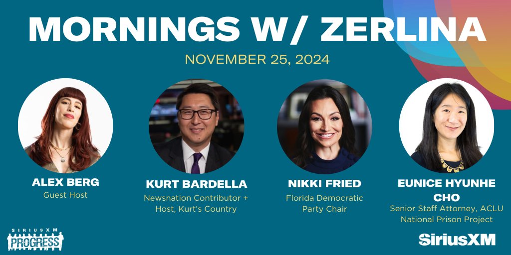Hello Monday! Joining guest host <a href="/itsalexberg/">Alex Berg</a> this morning: <a href="/NewsNation/">NewsNation</a> Contributor &amp; Host of Kurt's Country <a href="/kurtbardella/">Kurt Bardella</a>, <a href="/FlaDems/">Florida Democrats</a> Chair <a href="/NikkiFried/">Nikki Fried</a> + <a href="/ACLU/">ACLU</a> National Prison Project Sr. Staff Attorney <a href="/eunicehcho/">Eunice Cho</a>!

☎️ 866-997-4748
📻 <a href="/SiriusXMProg/">SiriusXMProg.bsky.social</a> Ch. 127
siriusxm.us/Zerlina