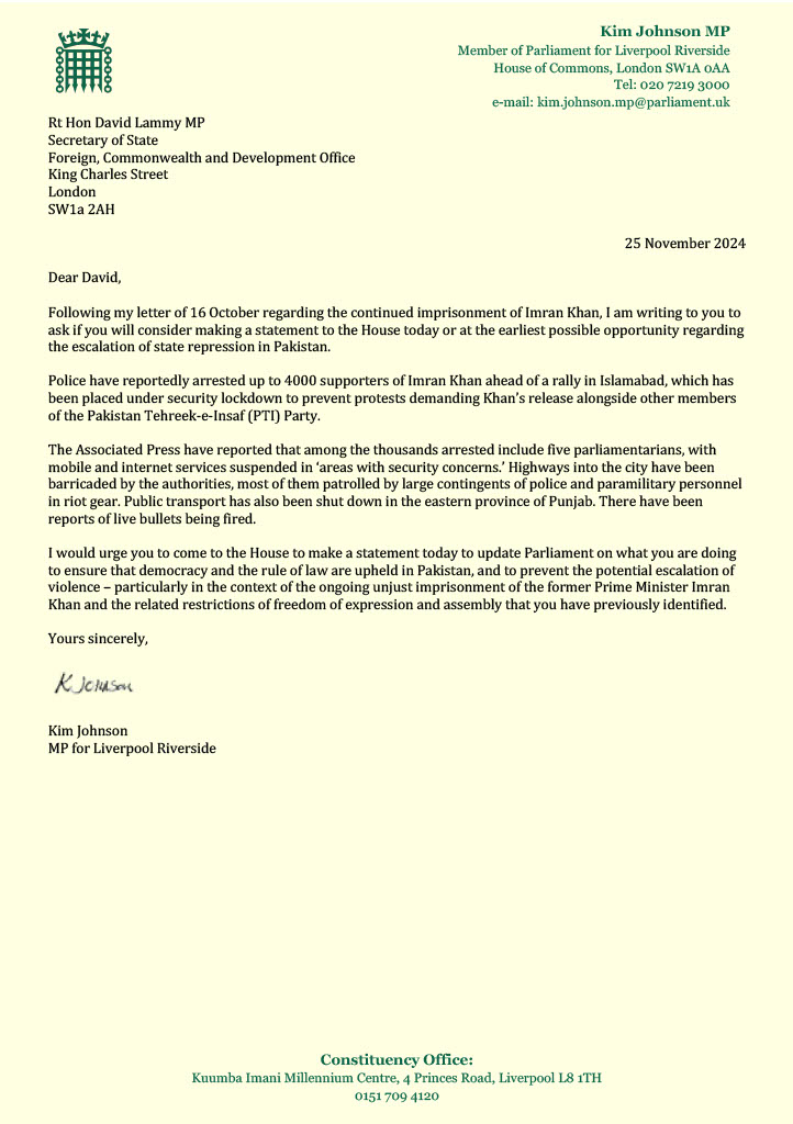 I have written to the Foreign Secretary calling for an immediate statement given the escalation of state repression in Pakistan.

It is vital we ensure that democracy and the rule of law are upheld in Pakistan to prevent further unrest and violence.