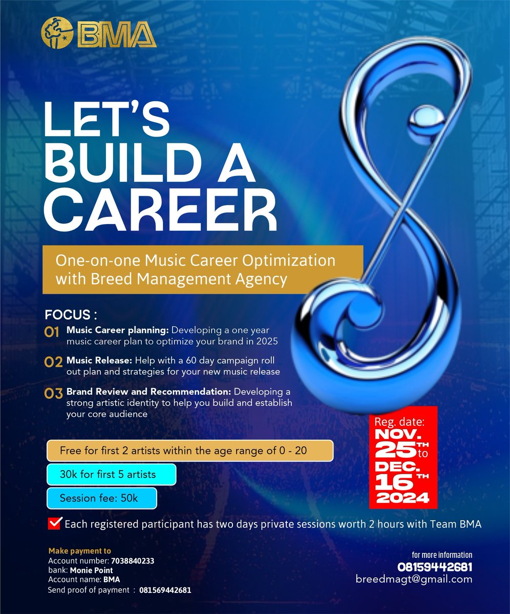 BreedManagement's tweet photo. LET'S BUILD A MUSIC CAREER 

We are excited to announce our end of the year highly discounted services to as many who wish to build and grow a music career in 2025

We'll help you build a one year plan with actionable steps to optimize your music career in 2025 https://t.co/d6ZCEciUU6