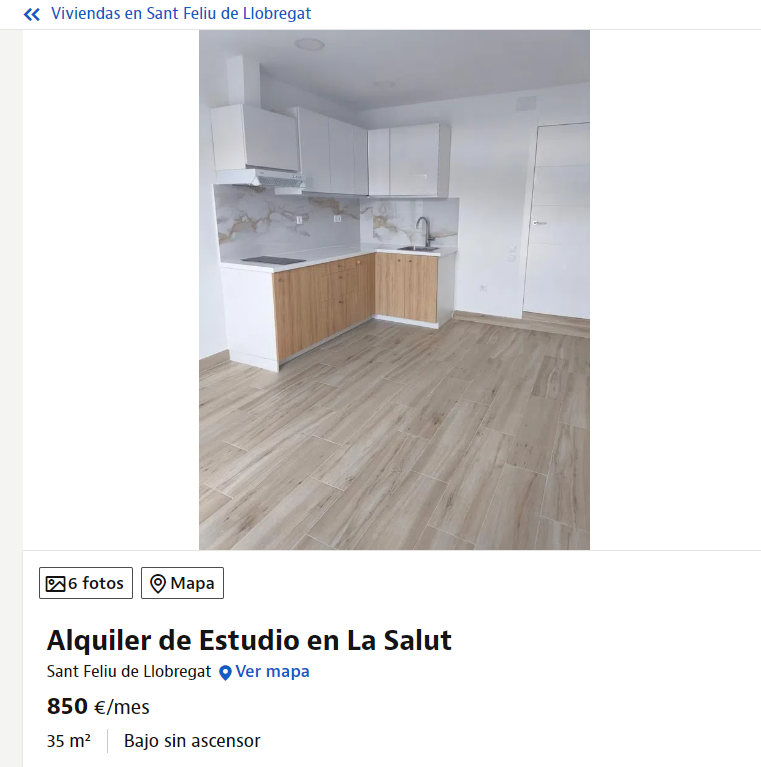 Lagentnormal's tweet photo. N'he trobat un amb preu decent. Oh wait, 850eur per 35m2, dels quals només 29m2 útils. XOLLAZO #AbaixemElsLloguers https://t.co/ZYy6LK5nKT