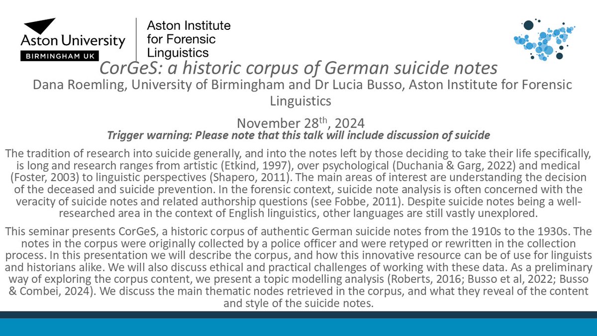 Got plans for this Thursday? If so, cancel them, because we will be welcoming Dana Roemling and Dr Lucia Busso to our Thursday seminar series to talk about their work on CorGeS: a historic corpus of German suicide notes.
Get your free (!) tickets here: tinyurl.com/525crbn9