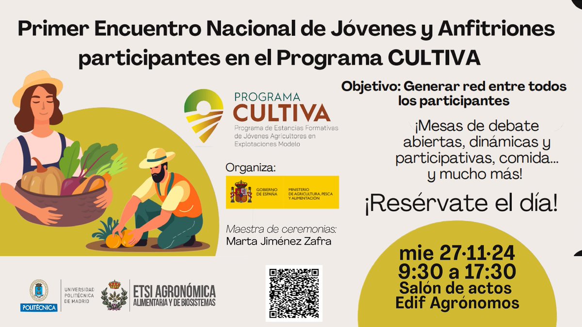etsiaab's tweet image. ➡ La ETSIAAB acoge el I Encuentro Nacional del #ProgramaCULTIVA. Jóvenes agricultores, ganaderos, explotaciones modelo y entidades gestoras se reunirán para debatir sobre el relevo generacional en el sector agrario. 

➕etsiaab.upm.es/Centro/Gabinet…

@mapagob
