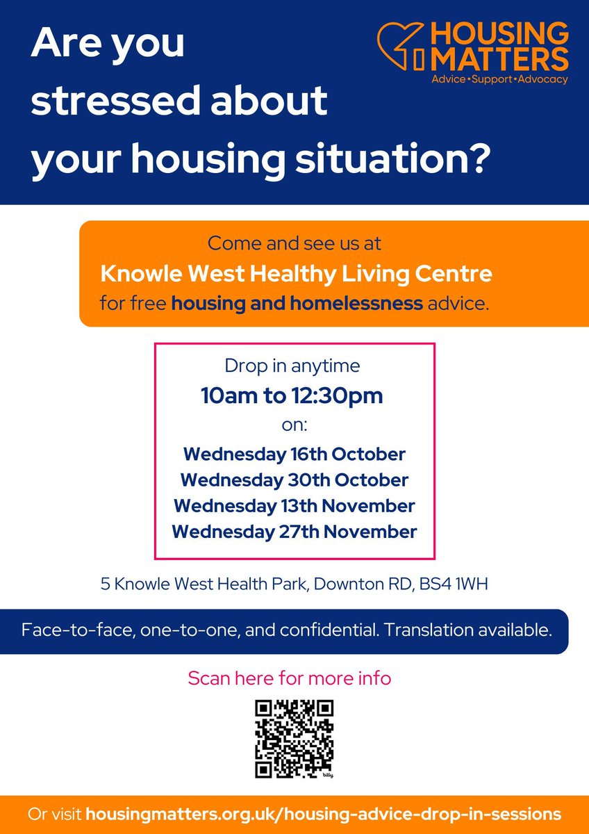 Housing Matters (@hsngmttrs) on Twitter photo Free housing advice in Knowle West 📣
Come & see us for support with any housing or homelessness issue.
Next session:
📅 Next Wednesday (13th)
🕙 Drop in anytime 10am to 12:30pm
No appointment needed. More info here 👉 buff.ly/3JYRGwI
<a href="/KnowleWestHealt/">KnowleWestHealthPark</a> Free housing advice in Knowle West 📣
Come & see us for support with any housing or homelessness issue.
Next session:
📅 Next Wednesday (13th)
🕙 Drop in anytime 10am to 12:30pm
No appointment needed. More info here 👉 buff.ly/3JYRGwI
<a href="/KnowleWestHealt/">KnowleWestHealthPark</a>