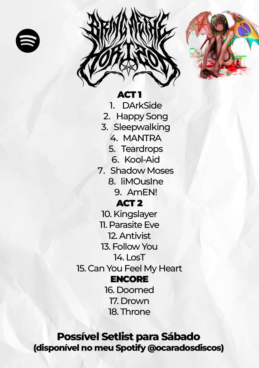 🚨🚨🚨 BRING ME THE HORIZON DEVE TOCAR 18 MÚSICAS NO BRASIL

Para sua setlist neste sábado, a banda Bring Me The Horizon deve tocar cerca de 18 músicas, sendo 5 do seu último álbum.

Siga no  Spotify para ouvir na ordem. Basta clicar aqui e salvar:
open.spotify.com/playlist/7uVVu…