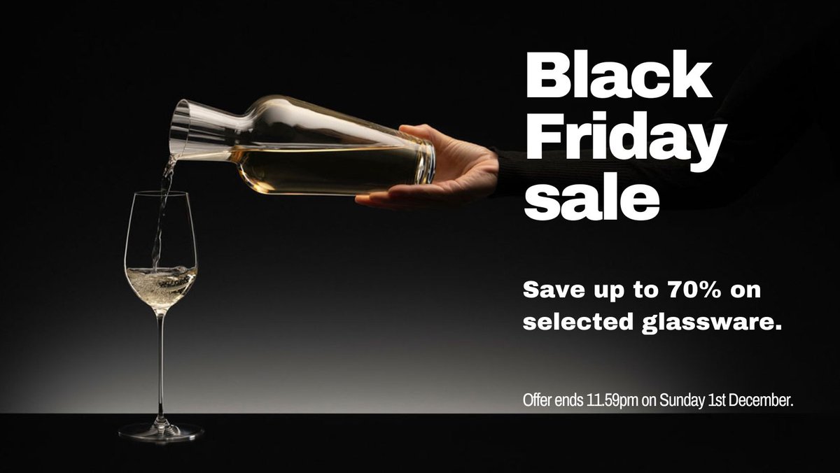 ⚫Our Black Friday sale is now on. ⚫ 

From now until 11.59pm on Sun 1st Dec, you can save up to 70% on selected glassware when you visit the official RIEDEL UK website.

Go to riedel.com/en-gb/shop#sor… and let Christmas come early.