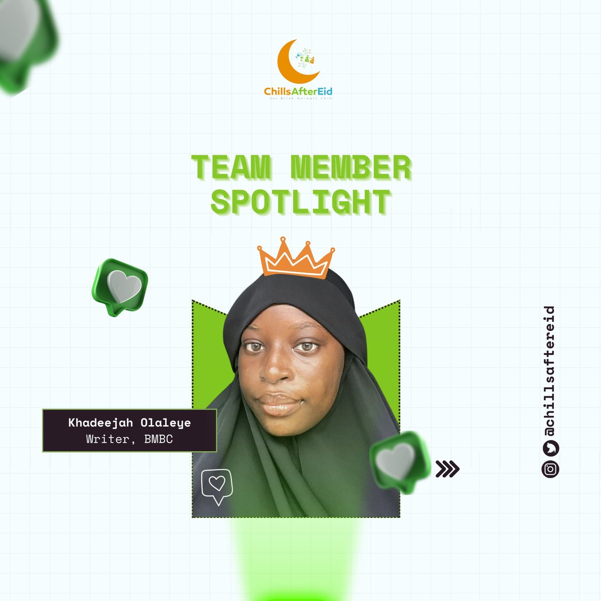ChillsAfterEid's tweet image. ✨Khadeejah, a key member of #CAE since 2022. She expresses joy in connecting the community through her relatable Muslim-centered writing. Passionate about fostering connections she looks forward to upcoming halal networking events. 
Join the team: bit.ly/CAE_BMBC.
 #BMBC