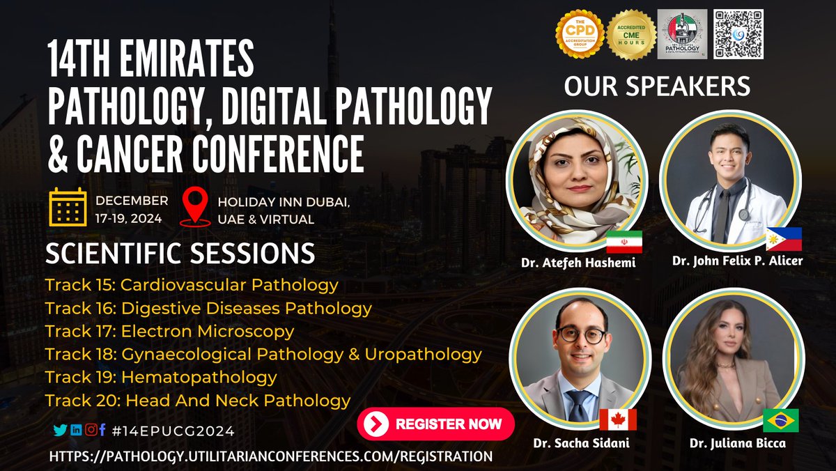 Pathology Experts (@pathologyexper1) on Twitter photo Grab the chance to Avail 21 CME/CPD credit points at our 14th Emirates Pathology, Digital Pathology & Cancer Conference from December 17-19, 2024, in Holiday Inn Dubai, UAE & Virtual.
Register Now: pathology.utilitarianconferences.com/registration
📝 Registration Deadline: November 30th, 2024 Grab the chance to Avail 21 CME/CPD credit points at our 14th Emirates Pathology, Digital Pathology & Cancer Conference from December 17-19, 2024, in Holiday Inn Dubai, UAE & Virtual.
Register Now: pathology.utilitarianconferences.com/registration
📝 Registration Deadline: November 30th, 2024