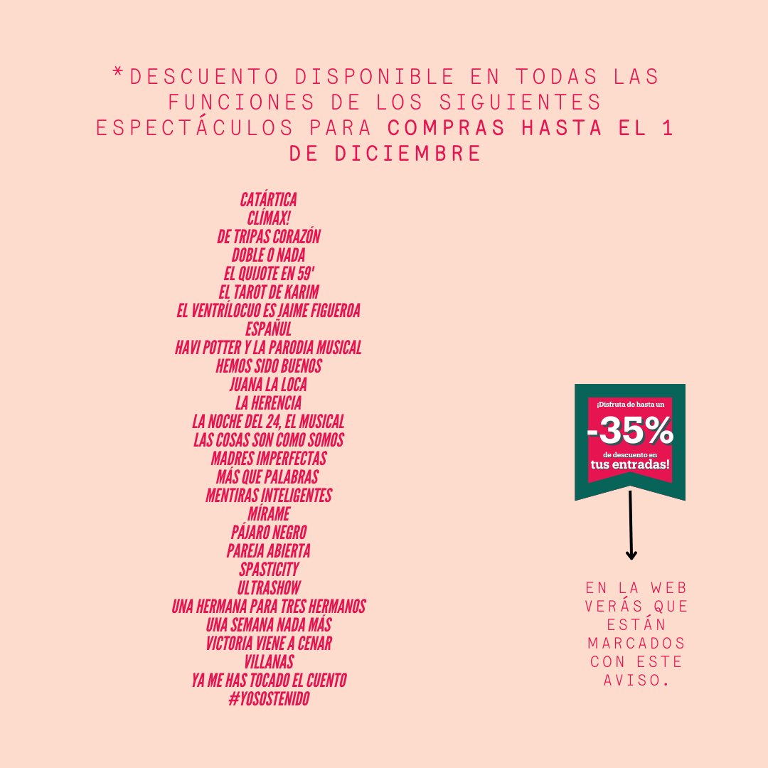 ❤️‍🔥 𝐃𝐄𝐒𝐂𝐔𝐄𝐍𝐓𝐀𝐙𝐎 ❤️‍🔥

¡El 𝗕𝗹𝗮𝗰𝗸 𝗙𝗿𝗶𝗱𝗮𝘆 llega fuerte a los #Luchana con un descuento espectacular!

‼️ Hasta un 35% de descuento en tus entradas en funciones seleccionadas para compras hasta el 1 de diciembre en todas las funciones de adultos.

¡Os esperamos!