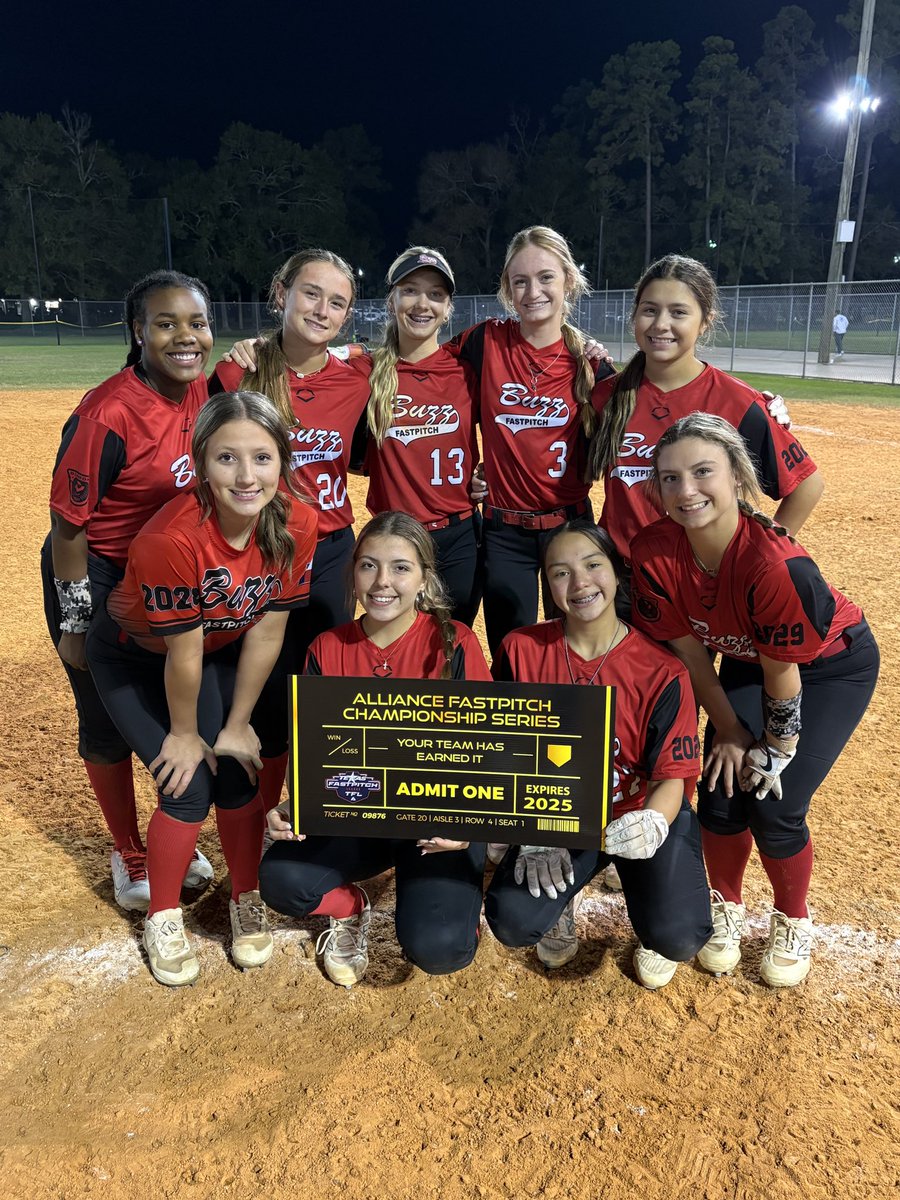 Last fall tournament this weekend and we punched our ticket in the AFCS! We had a great fall season, next is off season work. 💪🥎
<a href="/BuzzCentex/">Buzz Fastpitch</a> <a href="/dprice377/">Dani Price</a> <a href="/s_lex23/">Coach Lex</a> <a href="/AggieSoftball/">Texas A&M Softball</a> <a href="/SoftballDown/">Down South Softball</a> <a href="/thealliancefp/">The Alliance Fastpitch</a>