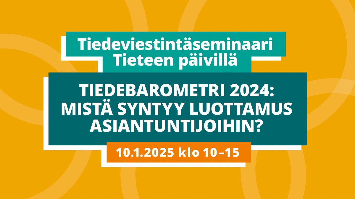 Onko suomalaisten luottamus tieteeseen pysynyt vahvana, vai pitääkö olla huolissaan? 

Tiedebarometrin 2024 tulokset herättävät tiedeviestijöille joukon jatkokysymyksiä, joihin pureudutaan Tieteen päivien seminaarissamme. Katso ohjelma ja ilmoittaudu nyt: tjnk.fi/fi/tapahtumat/…