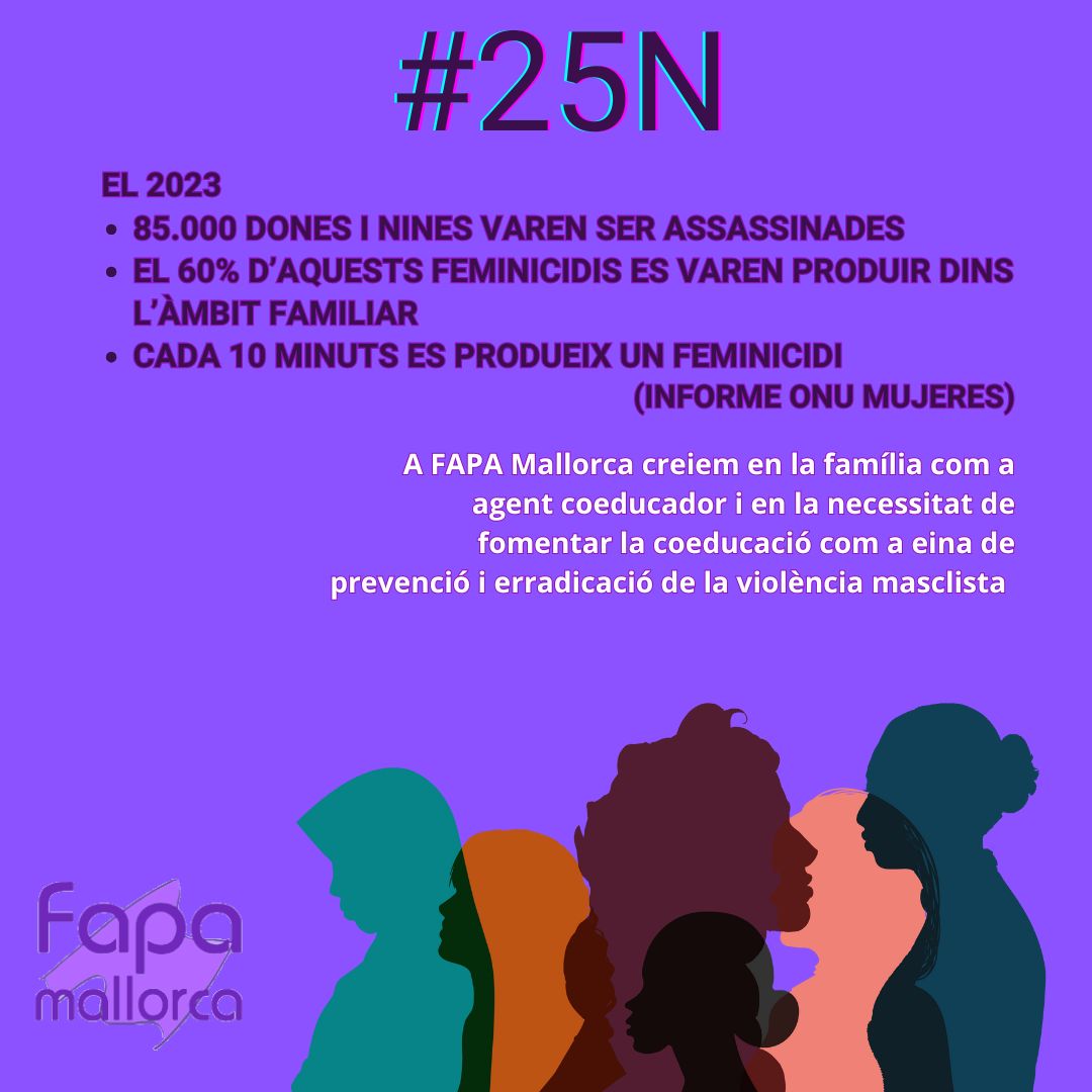 FAPAMallorca's tweet photo. El #25N, dia internacional per l'erradicació de la violència vers les dones,
aprofitam per manifestar el nostre rebuig a la implantació del #pinparental ja que posa en risc l'educació en igualtat i contra les violències masclistes.
@margaprohens @AVeraAlemany https://t.co/k2PBdagbdY