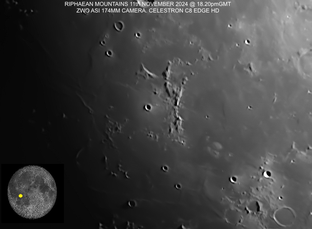 With the Sun low in the sky Mick N has turn attention to the Moon.  He took this image of Montes Riphaeus, just south of the Lansberg Crater. This range of peaks are about 120 by 30 miles and rise to about 3000ft above the surrounding lava plain of Oceanus Procellarum.