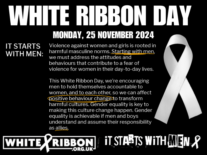 Today is White Ribbon Day, a day designed to highlight violence against women and girls and the things that men can take to help prevent it.
For more Information, please click below:
whiteribbon.org.uk/wrd24
#WhiteRibbonDay 
<a href="/StaffsStokeICS/">Staffordshire and Stoke-on-Trent ICS</a>  <a href="/NHSEngland/">NHS England</a> <a href="/StaffsStokeICB/">Staffordshire and Stoke-on-Trent ICB</a>  <a href="/NHSE_WTE/">NHS England Workforce, Training and Education</a>