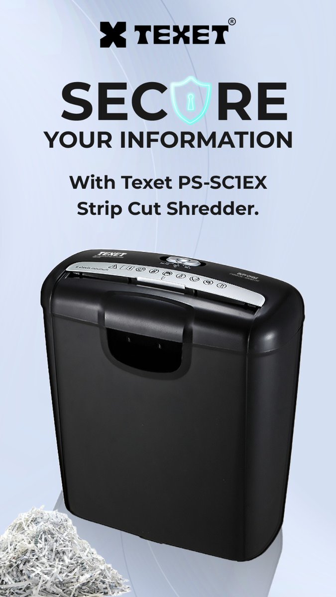 texetinfo's tweet image. Secure your documents with TEXET PS-SC1EX.

High security strip cut Shredder.

#shred #Shredder #paperShredder