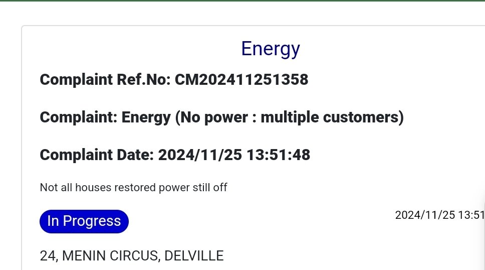 Gerdalize_Lisa's tweet photo. @CoE_Call_Centre Still no power at some houses my original call was closed i relogged please advise https://t.co/Dc1N8Y6v0g
