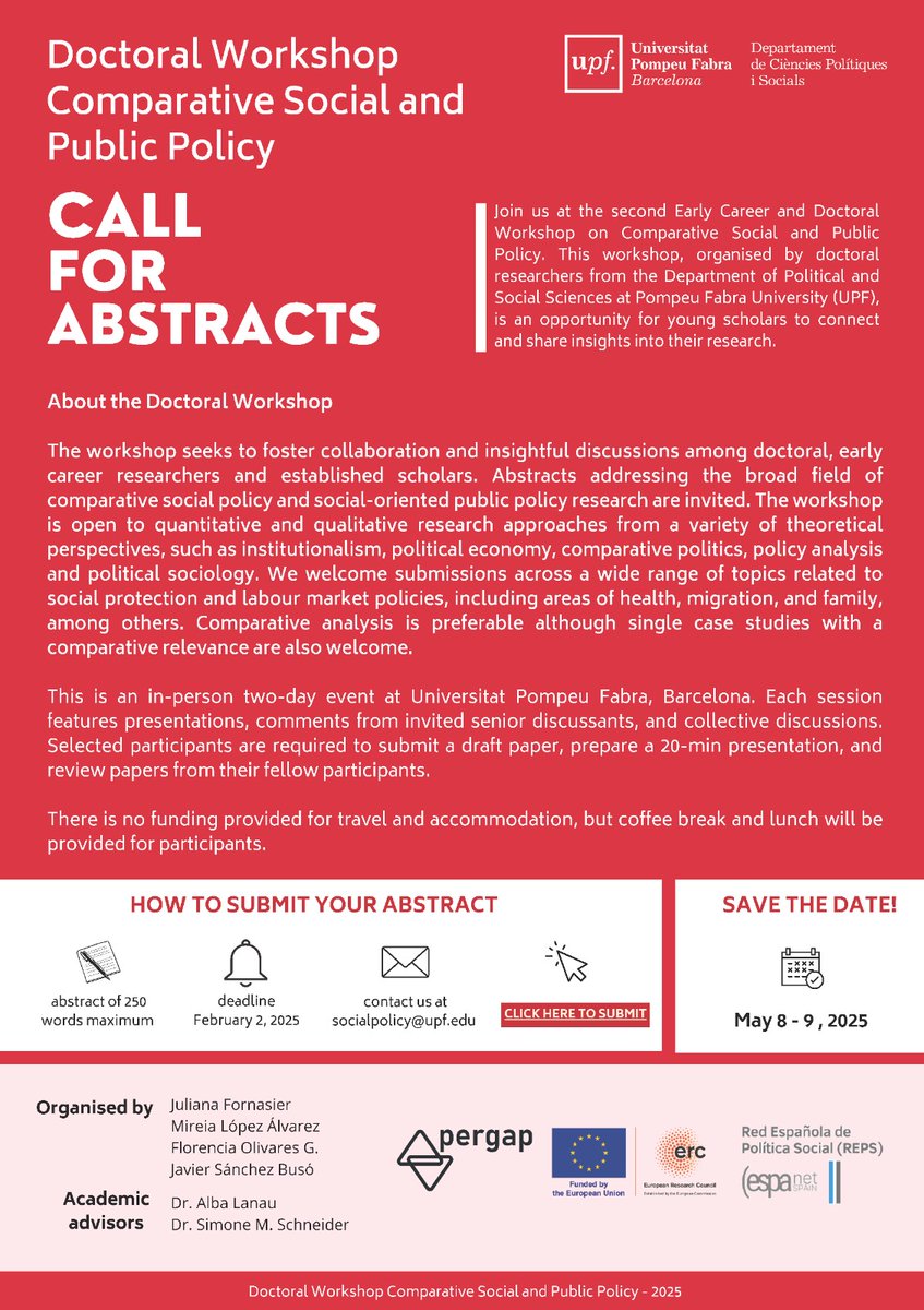 🗓️ Save the date! The second Doctoral Workshop on Comparative Social and Public Policy will take place at <a href="/PolitiquesUPF/">UPF Ciències Polítiques i Socials</a>, on 8-9 May, 2025 🙌

PhDs and scholars from Barcelona and abroad will meet to share and debate our research on social policies 🗣️ 

Apply before February 2nd!