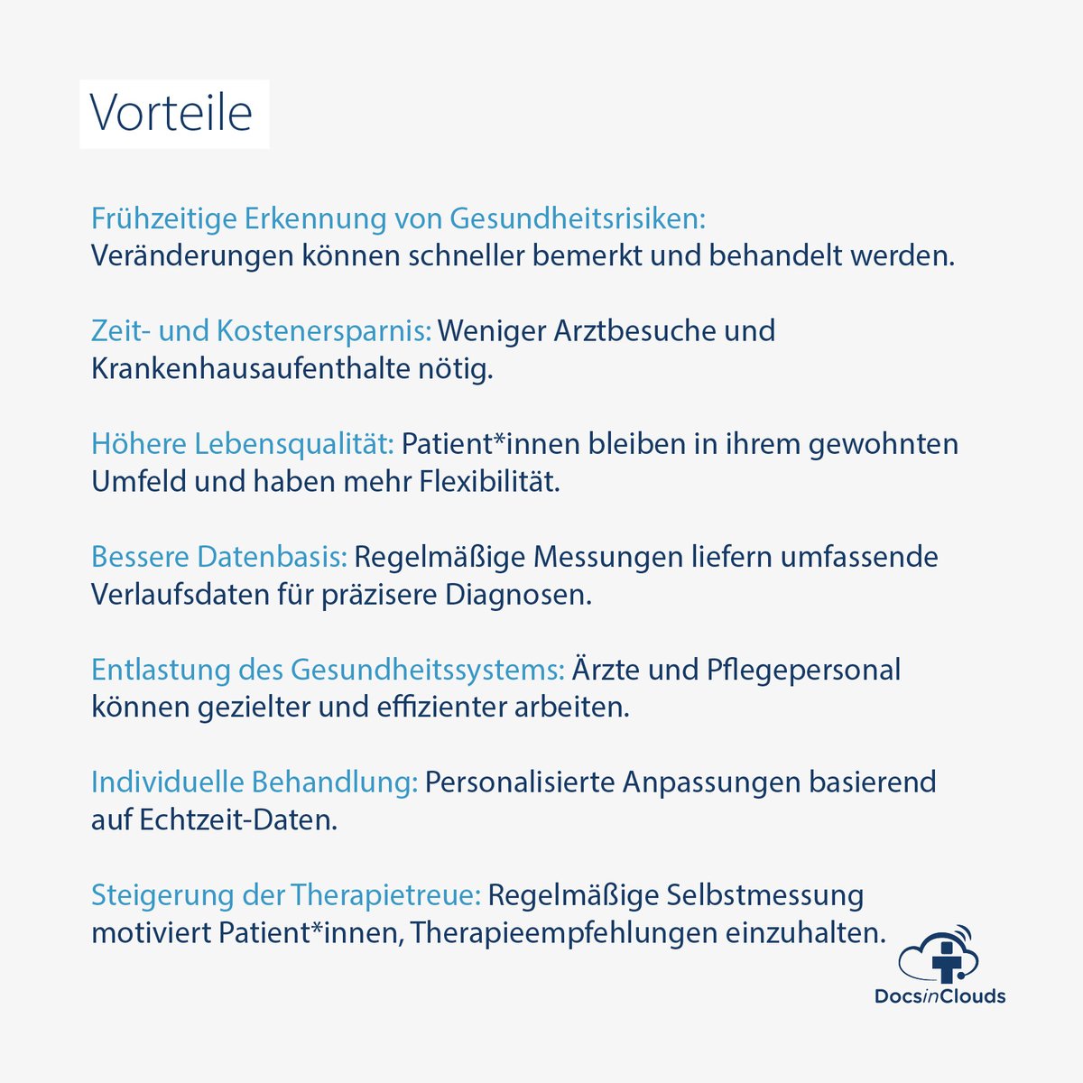 DocsinClouds's tweet photo. 📲Telemedizin 1x1:

𝗧𝗲𝗹𝗲𝗺𝗼𝗻𝗶𝘁𝗼𝗿𝗶𝗻𝗴 bedeutet, dass Gesundheitsdaten aus der Ferne erfasst und direkt an das medizinische Fachpersonal übermittelt werden. Dies  erfolgt meist über eine App, die regelmäßig Messungen durchführt.📈

 #Telemedizin #Telemonitoring https://t.co/gWX9Afw77s