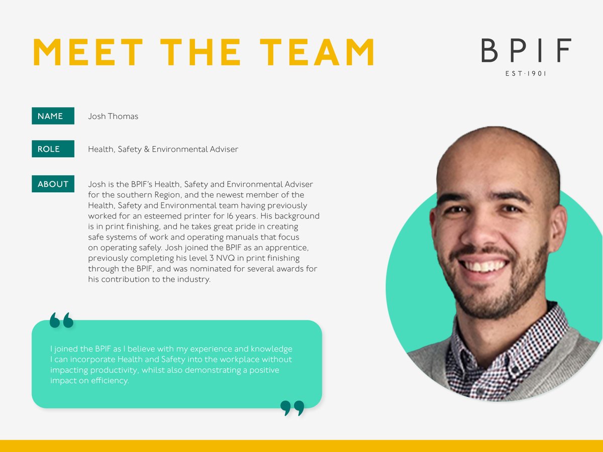 BPIF's tweet photo. Everyone meet Josh. He is our Health, Safety &amp; Environmental Advisor.

Josh is dedicated to developing safe, effective systems and is your go-to expert for all health and safety needs.

Meet other team members here: https://t.co/LiudkSuu4E

#healthandsafety #bpif #meettheteam https://t.co/zX57qg94Vb