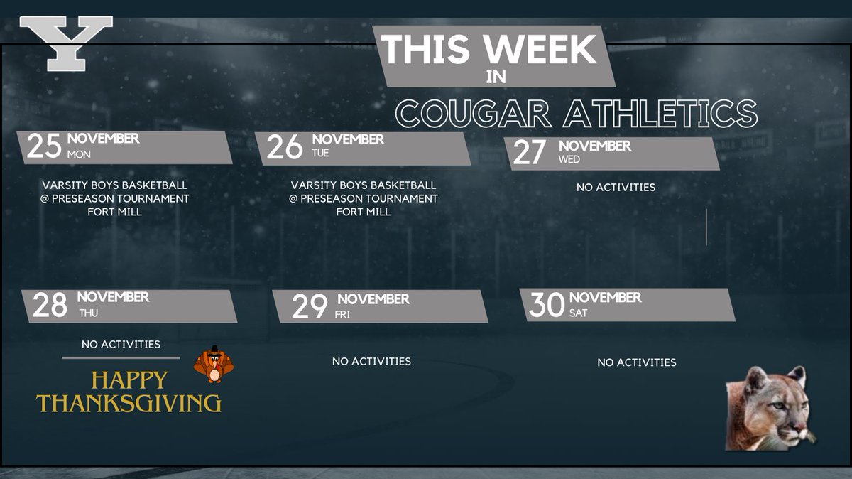 York Cougar Sports (@yorkcougars) on Twitter photo This week in Cougar Athletics!
Start of Basketball Season as our Varsity Boys travel to Fort Mill High for a Preseason Tournament.
<a href="/yorkcougarsbb/">York HS Cougars Boys Basketball</a> This week in Cougar Athletics!
Start of Basketball Season as our Varsity Boys travel to Fort Mill High for a Preseason Tournament.
<a href="/yorkcougarsbb/">York HS Cougars Boys Basketball</a>