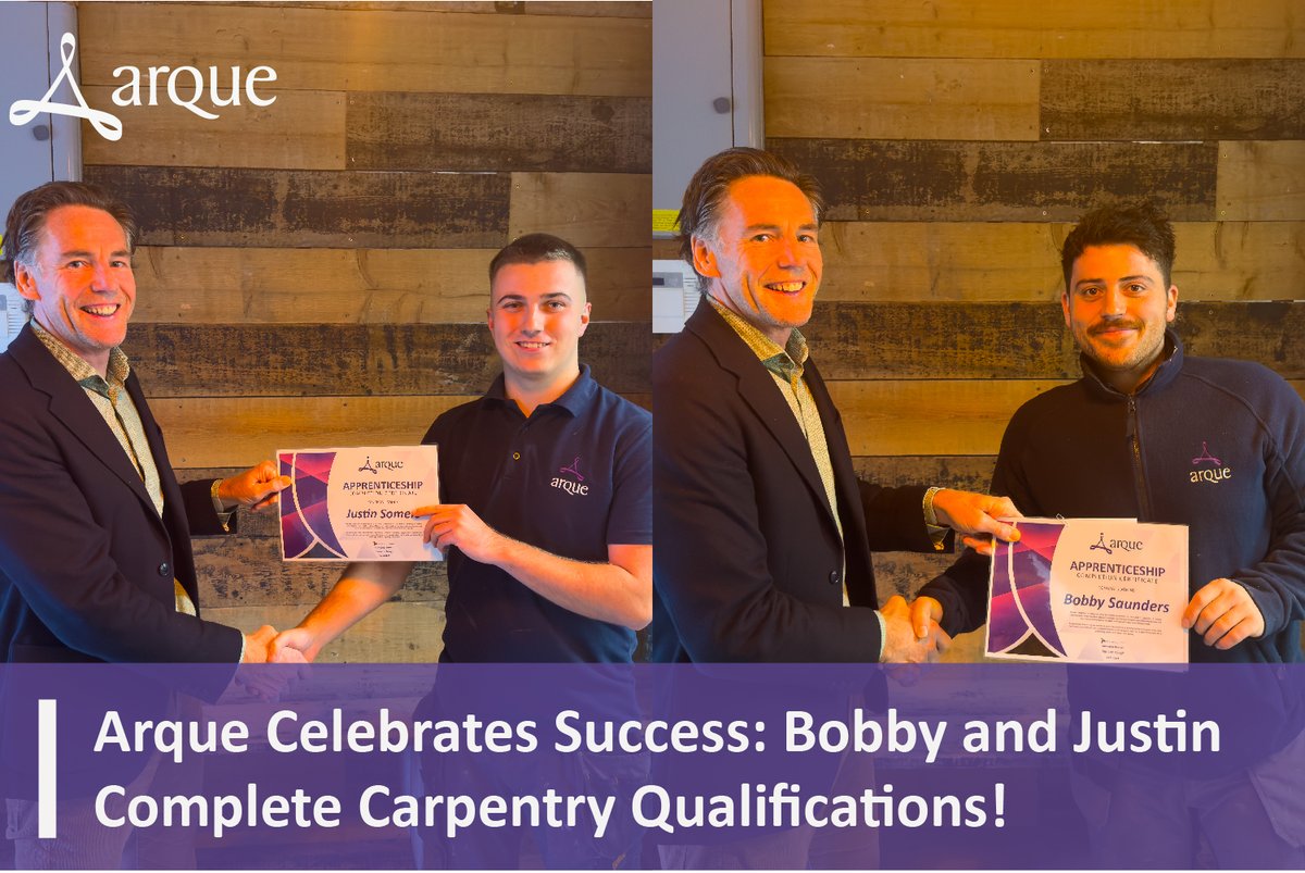 ArqueLtd's tweet photo. We’re proud to celebrate Bobby and Justin’s achievement in completing their Level 2 Carpentry &amp; Joinery Apprenticeship at Exeter College.

Thank you to Exeter College for supporting their journey. This is just the start of a bright future ahead!

#carpentry #joinery #arque https://t.co/xKSYdy9PXk