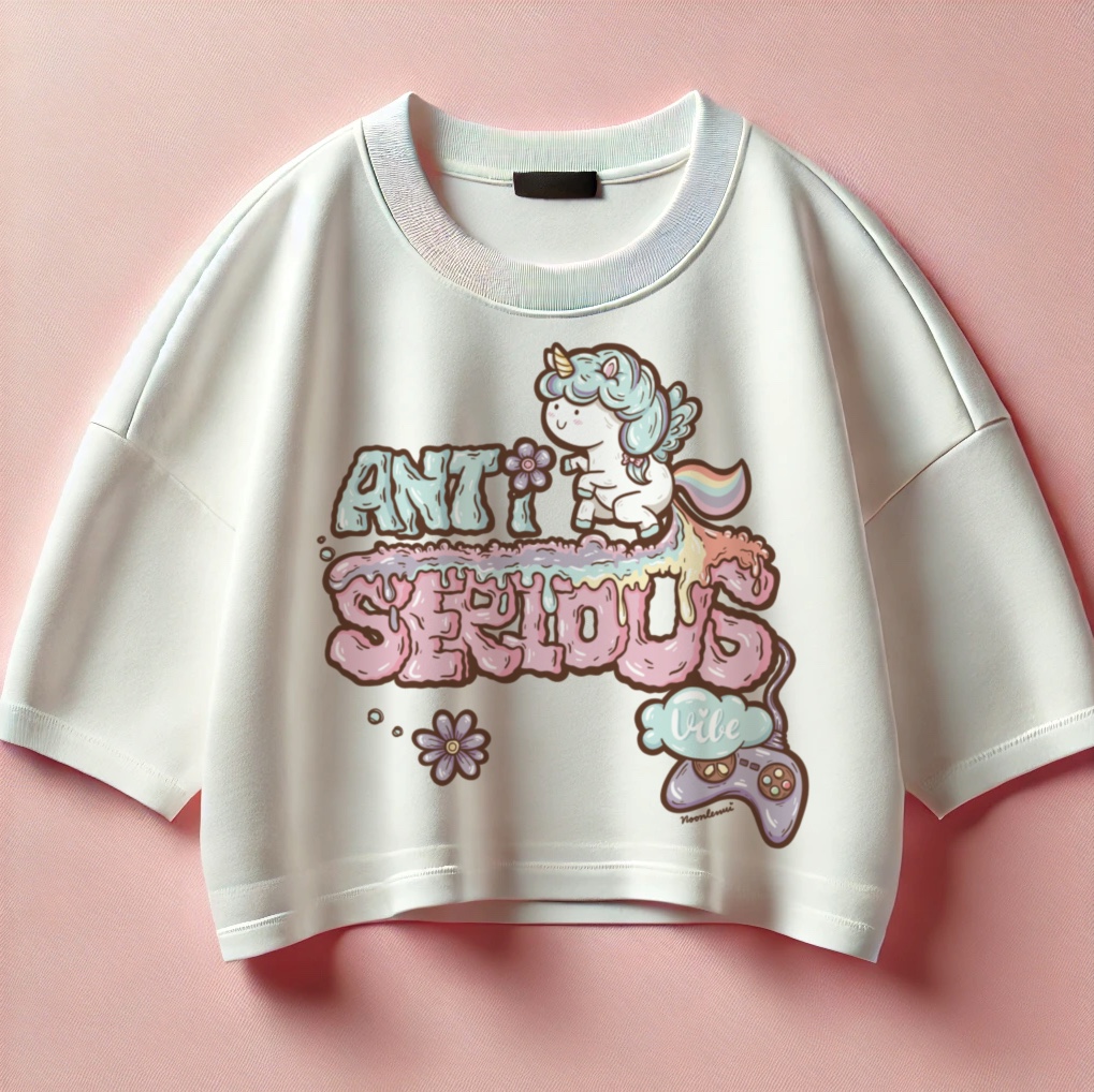 "Anti Serious Vibe" crop top, coming soon at IF10 (Illust Fusion 10) on February 15-16, 2025 @ Bangkok Art and Culture Centre. Or grab the T-shirt version online at craftycotton.co/c/creator-noon…