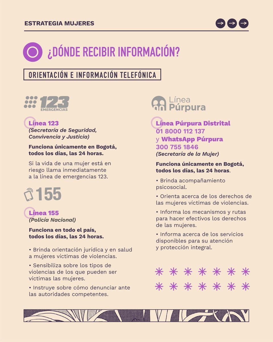 secredistmujer's tweet photo. Si eres víctima o testigo de violencia contra las mujeres, ¡alza la voz y denuncia! Llama a nuestros canales de atención y súmate para erradicar estos comportamientos de nuestra sociedad.✊🏼✨

#MujerEsContigoEsConmigo https://t.co/ajwN9RTVCR