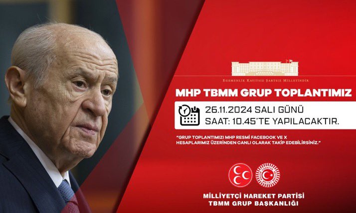 TmrOsmanagaoglu's tweet photo. MHP TBMM Grup Toplantımız #26Kasım2024 Salı günü (Yarın) Saat:10.45’te yapılacaktır.

MHP TBMM GRUP BAŞKANLIĞI
@MhpTbmmGrubu https://t.co/bLHwsstMnD