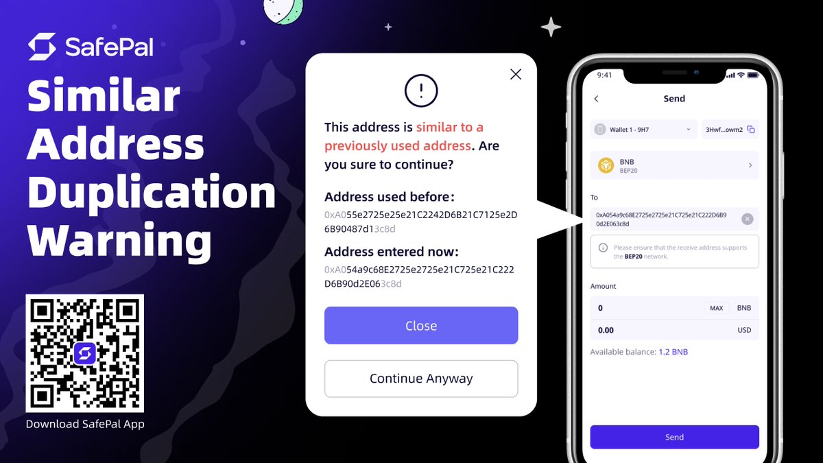 Stay Alert with @iSafePal ⚠️

Always double-check your wallet address when sending crypto transfers

SafePal Wallet has warning notifications when you copy addresses from your transaction history to help protect users from such scam attempts🛡️