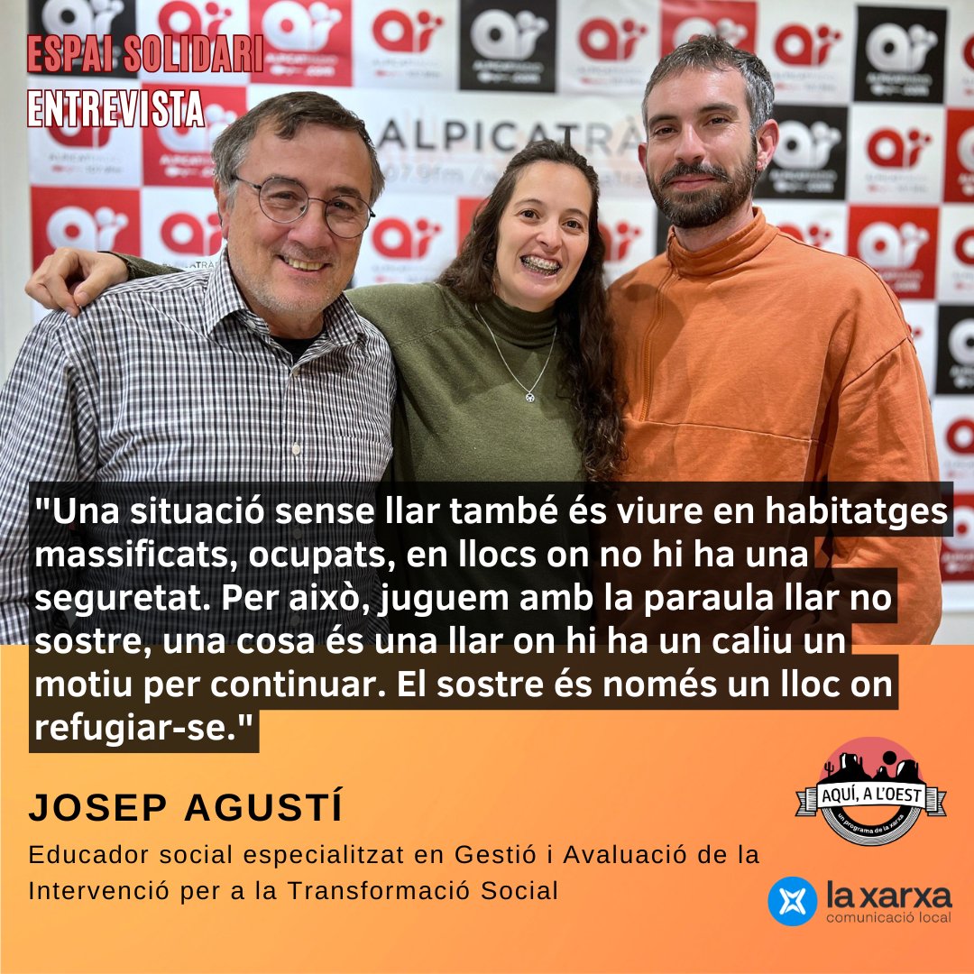 Avui a l’Espai Solidari, parlem amb Josep Agustí, educador social i expert en la metodologia Housing First, que aposta per l'habitatge com un dret, no un privilegi. 

📻 Cada dilluns a partir 17.15h a la teva ràdio local!