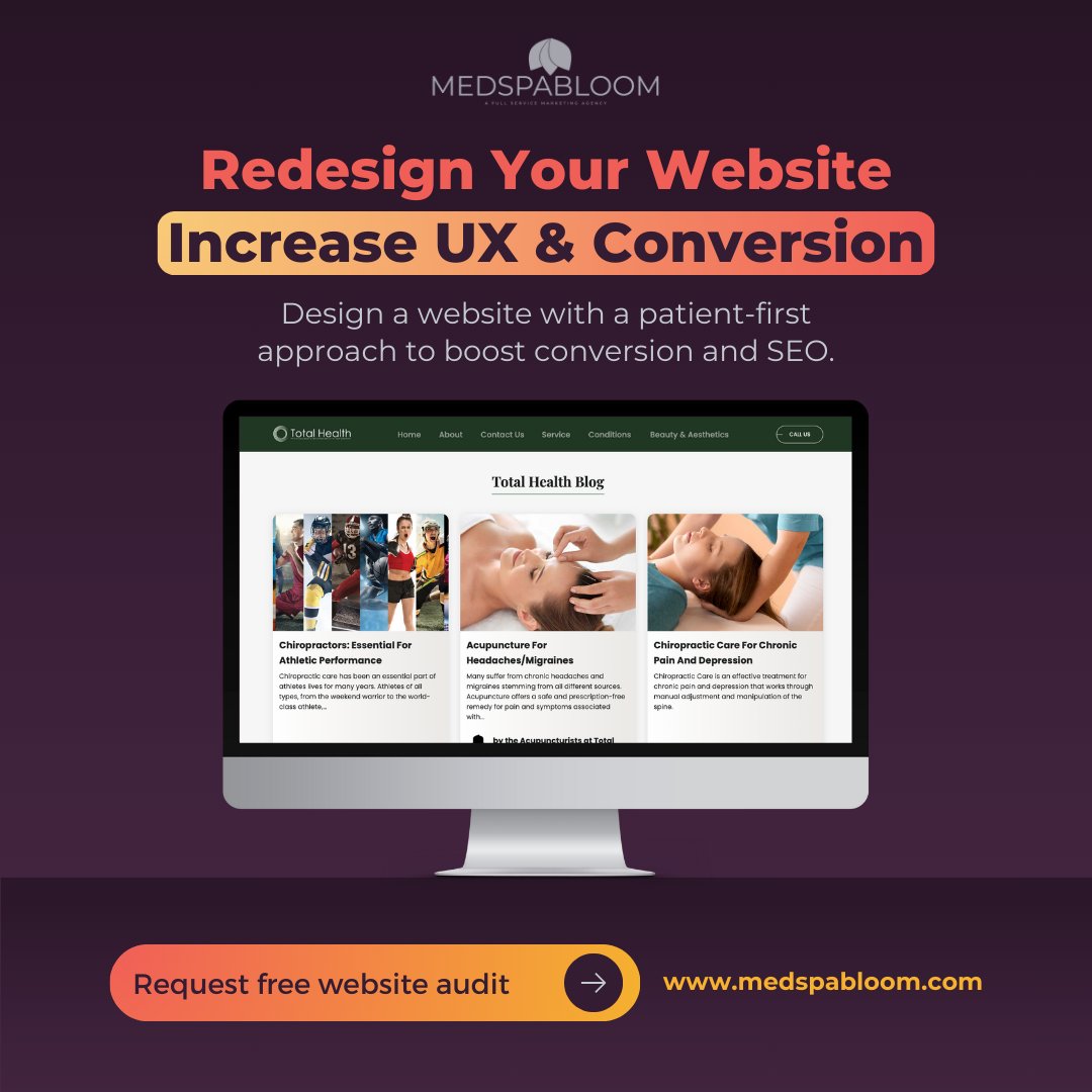 MedspaBloom's tweet photo. 🖥️ Your website is often the first impression your patients get—make it count! If your site feels outdated, hard to navigate, or isn’t generating the traffic you need, it might be time for a fresh look. Read more: https://t.co/21QrcLBwIW https://t.co/qU1lEgdDE4