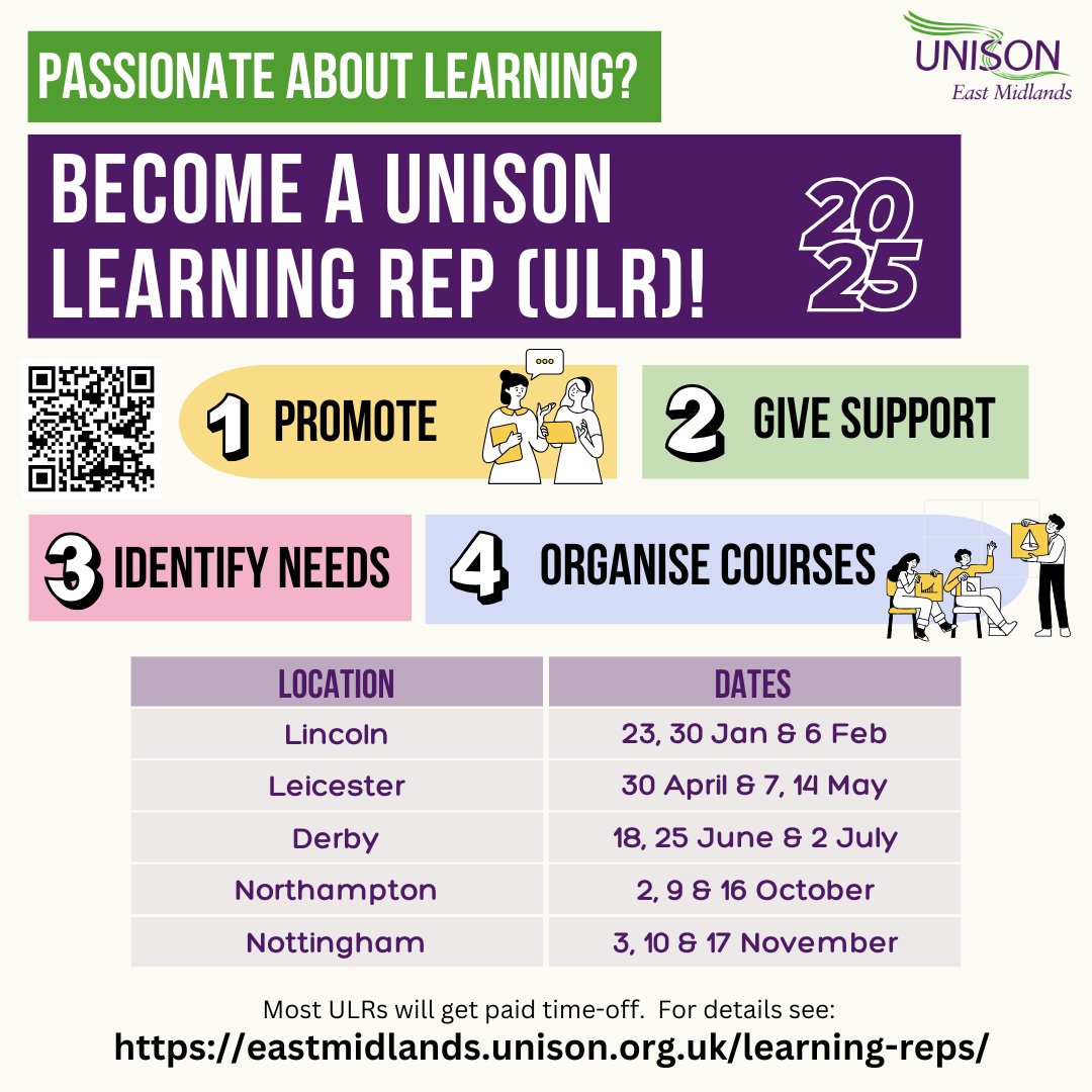 UNISON East Midland Education & Member Development (@unisonemidslmd) on Twitter photo Are you a <a href="/UNISONEastMids/">UNISON East Midlands</a> member that loves learning? Why not become a ULR and help promote and organise courses near you?
Dates for the 2025 programme is out now. To apply visit: eastmidlands.unison.org.uk/learning-reps/ Are you a <a href="/UNISONEastMids/">UNISON East Midlands</a> member that loves learning? Why not become a ULR and help promote and organise courses near you?
Dates for the 2025 programme is out now. To apply visit: eastmidlands.unison.org.uk/learning-reps/