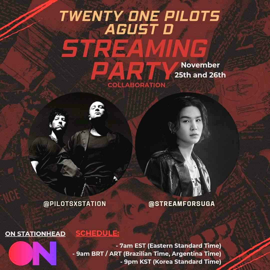 [#SFS_Announcement]
[ COLLAB STREAMING PARTY ]

We are on air now! 
Join us for our 1st day of  streaming collaboration with <a href="/pilotsxstation/">Piløts Statiøn</a> on there <a href="/STATIONHEAD/">STATIONHEAD</a>! 🫵🏻

🔗: stationhead.com/pilotstation

SUGAxTOP
#SUGA #슈가 #twentyonepilots <a href="/BTS_twt/">방탄소년단</a> <a href="/twentyonepilots/">twenty one pilots</a>