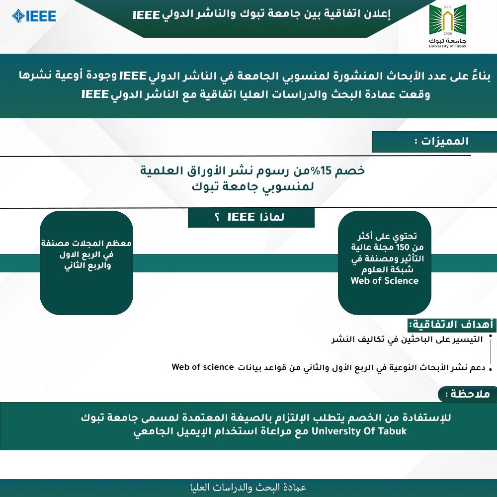 يسر عمادة البحث والدراسات العليا  بـ #جامعة_تبوك أن تعلن عن توقيع اتفاقية بين جامعة تبوك  ودار النشر IEEE لمدة عام، حيث تتضمن الاتفاقية خصم ١٥٪ من رسوم نشر الأوراق العلمية.